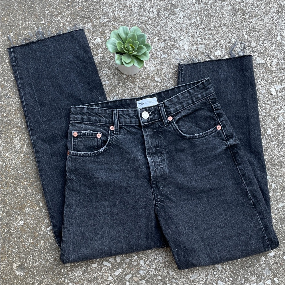 Zara | Hidden Button Fly Straight Leg Raw Hem Black Jeans
